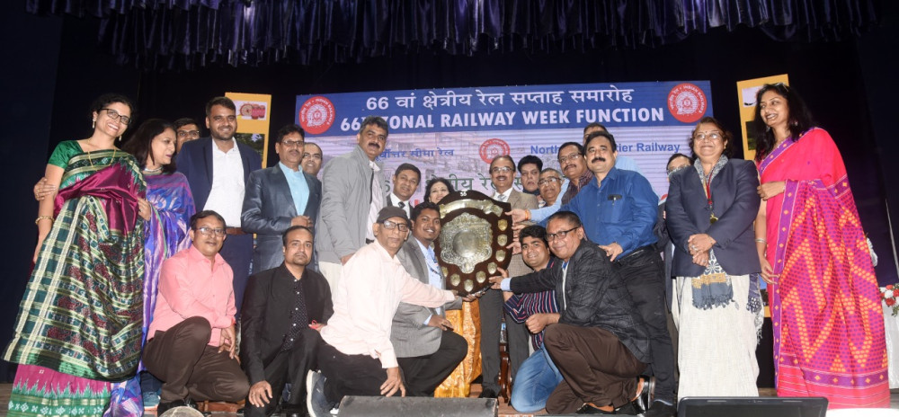 NFR General Manager, Anshul Gupta presents the Overall Efficiency Shield to Divisional Railway Managers of Alipurduar and Katihar divisions.